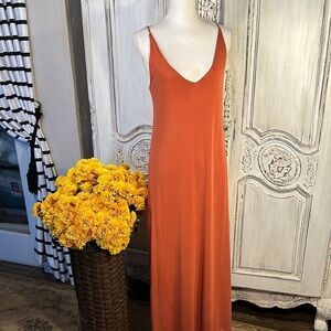 Chrysanthemum Elegant Terra Cotta Orange Jersey Knit Maxi Dress